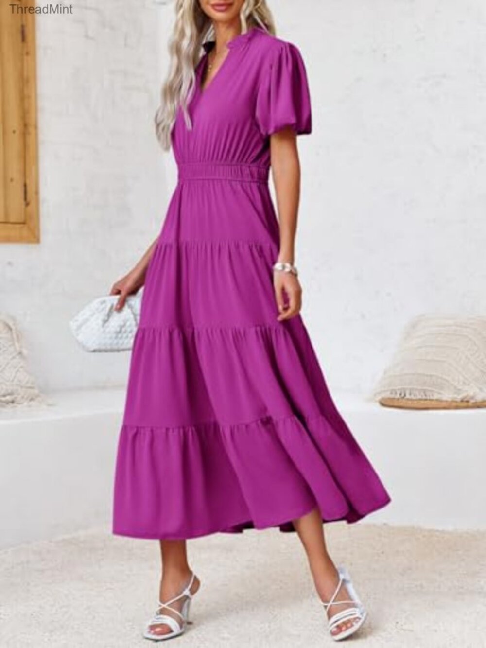 Summer Midi Dress Puff Sleeves V-Neck Tiered A-Line Formal Slim Fit - Picture 6 of 7